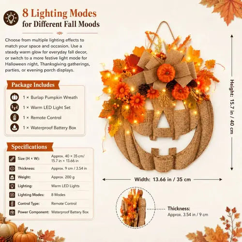 🎉 50% OFF TODAY — 🎃 Burlap Pumpkin Wreath | Lighted & Classic