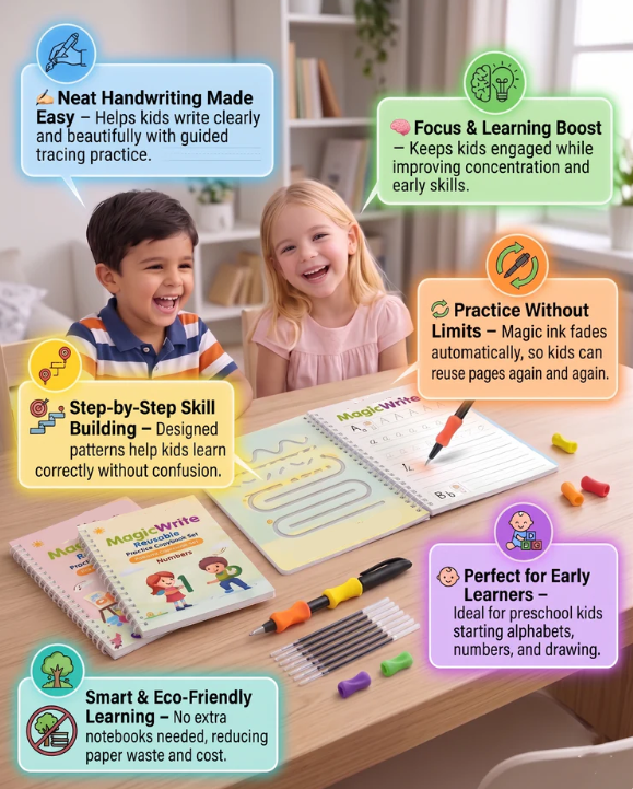 ✏️ Reusable Handwriting Practice Book Set for Kids – 4PCS Magic Writing Workbook