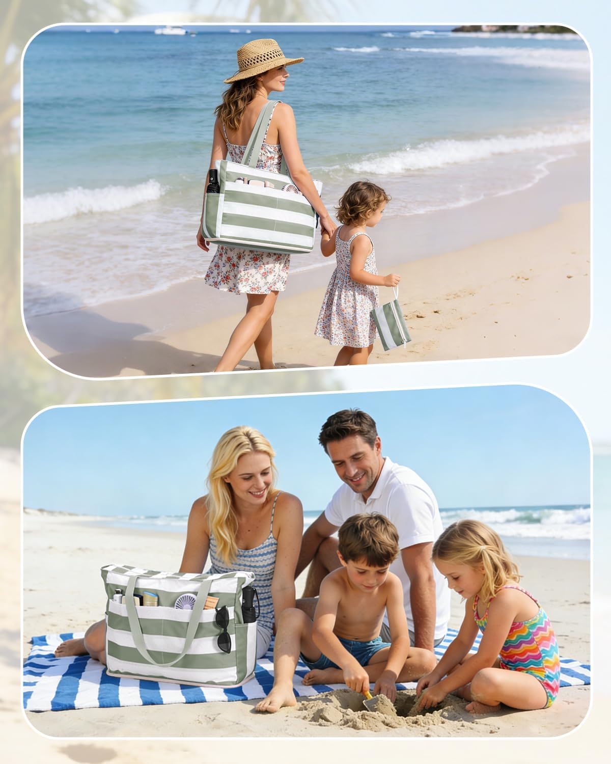 Large Mesh Beach Bag with 40oz Tumbler Pocket and Zipper Closure