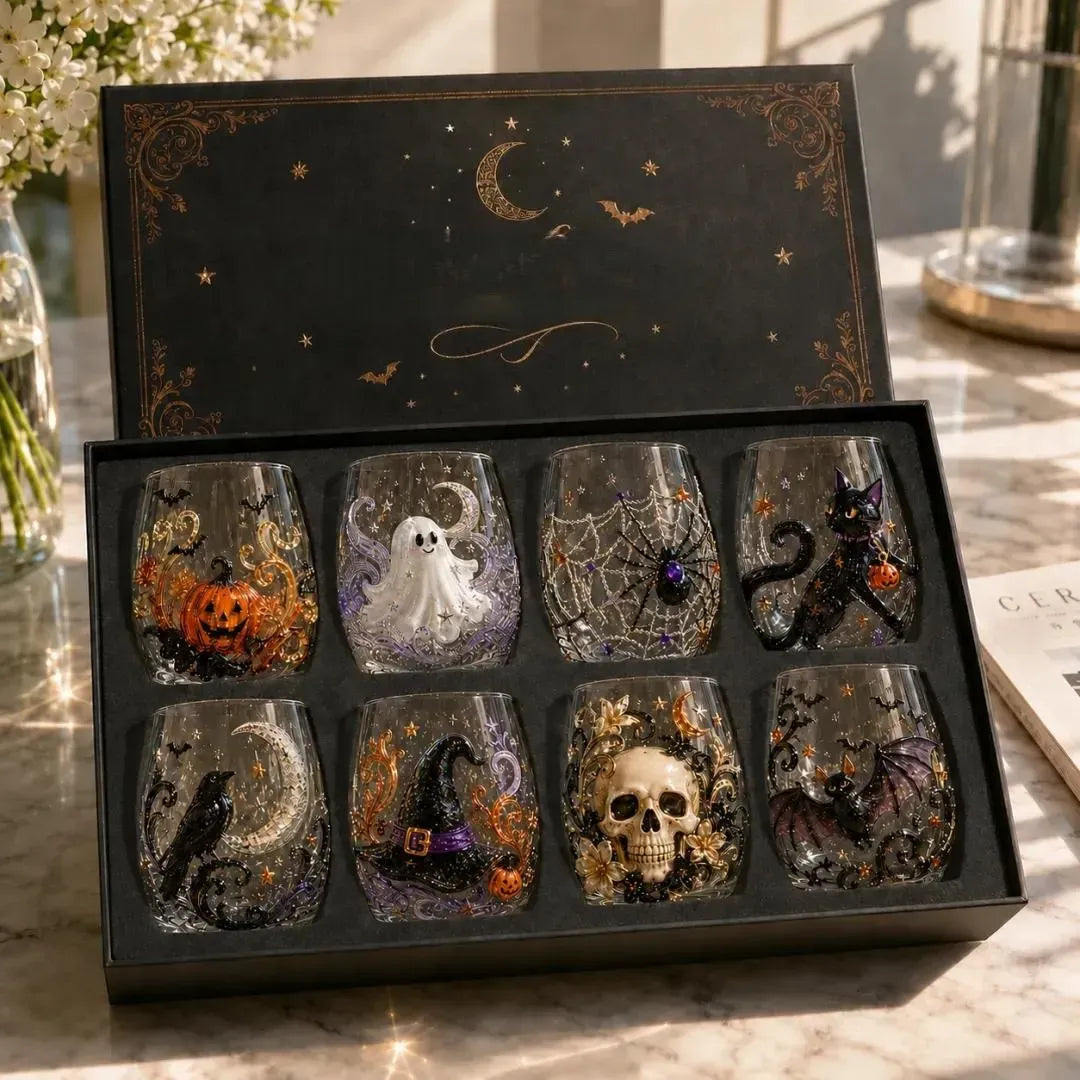 🔥 LAST DAY-60% OFF | 🎃 8-Piece 3D Sculpted Halloween Glass Set - Perfect for parties and cozy autumn bars
