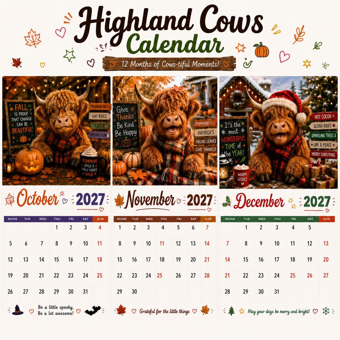 2027 Funny Highland Cows Wall Calendar | A4 Hanging Calendar