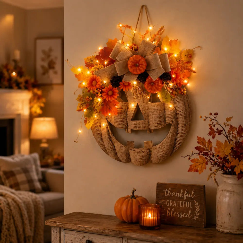 🎉 50% OFF TODAY — 🎃 Burlap Pumpkin Wreath | Lighted & Classic