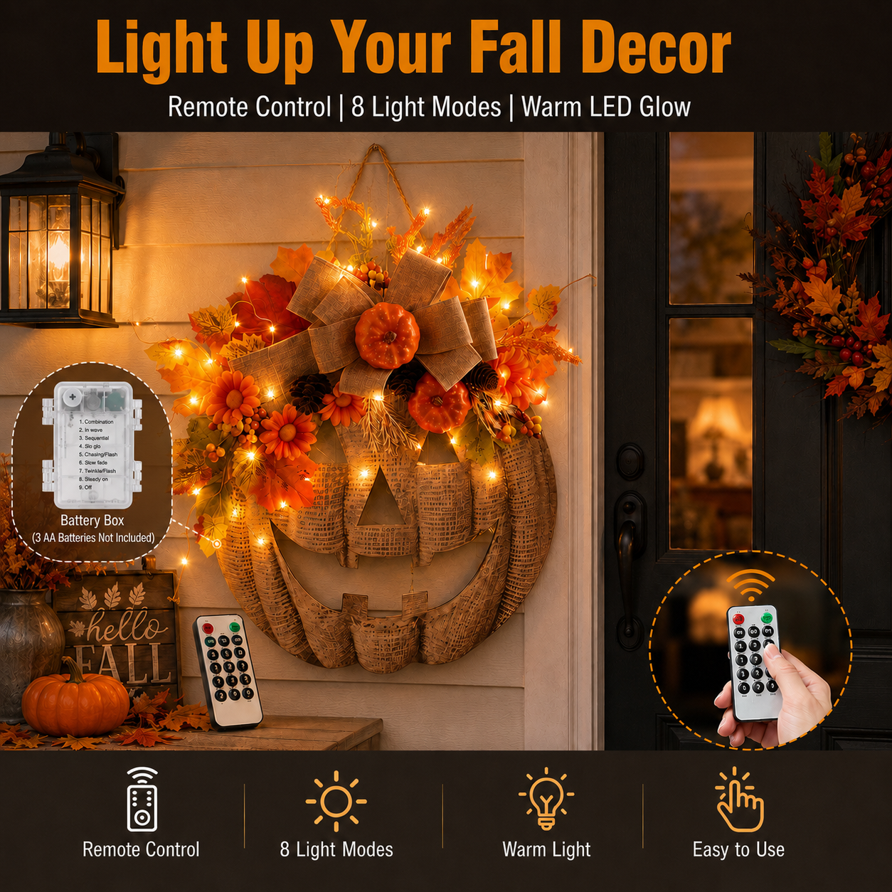 🎃✨ Lighted Burlap Pumpkin Wreath