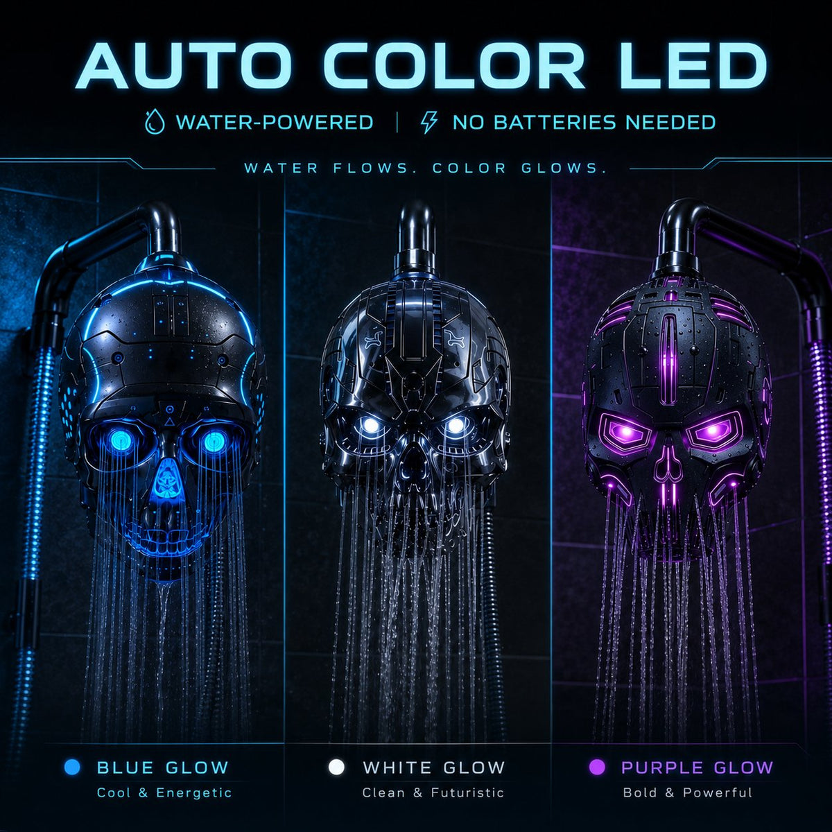 🚿👾Cyber Mecha Skull Color Changing LED Pressure Boost Shower Head