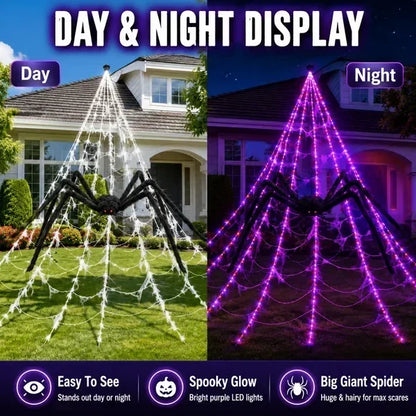 Halloween LED Spider Web Lights & Giant Black Spider Decor | 250 LEDs, 8 Modes, Remote Control