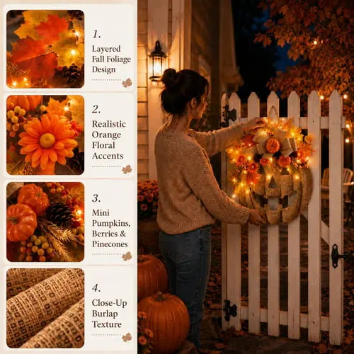 🎉 50% OFF TODAY — 🎃 Burlap Pumpkin Wreath | Lighted & Classic