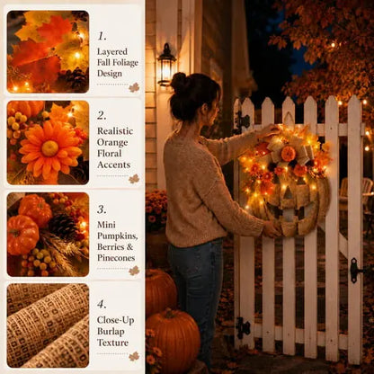 🎉 50% OFF TODAY — 🎃 Burlap Pumpkin Wreath | Lighted & Classic