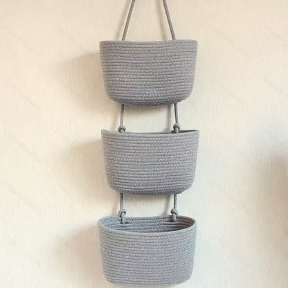 🧺3-Tier Woven Hanging Basket Organizer – Space-Saving Wall Storage for Any Room