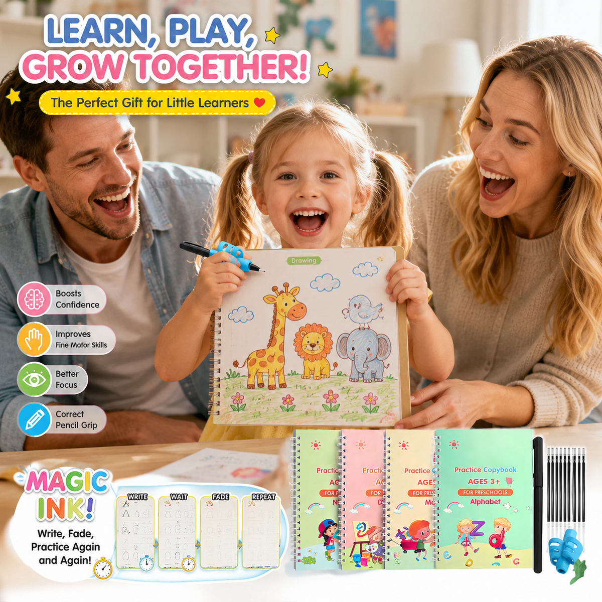 ✏️ Reusable Handwriting Practice Book Set for Kids – 4PCS Magic Writing Workbook