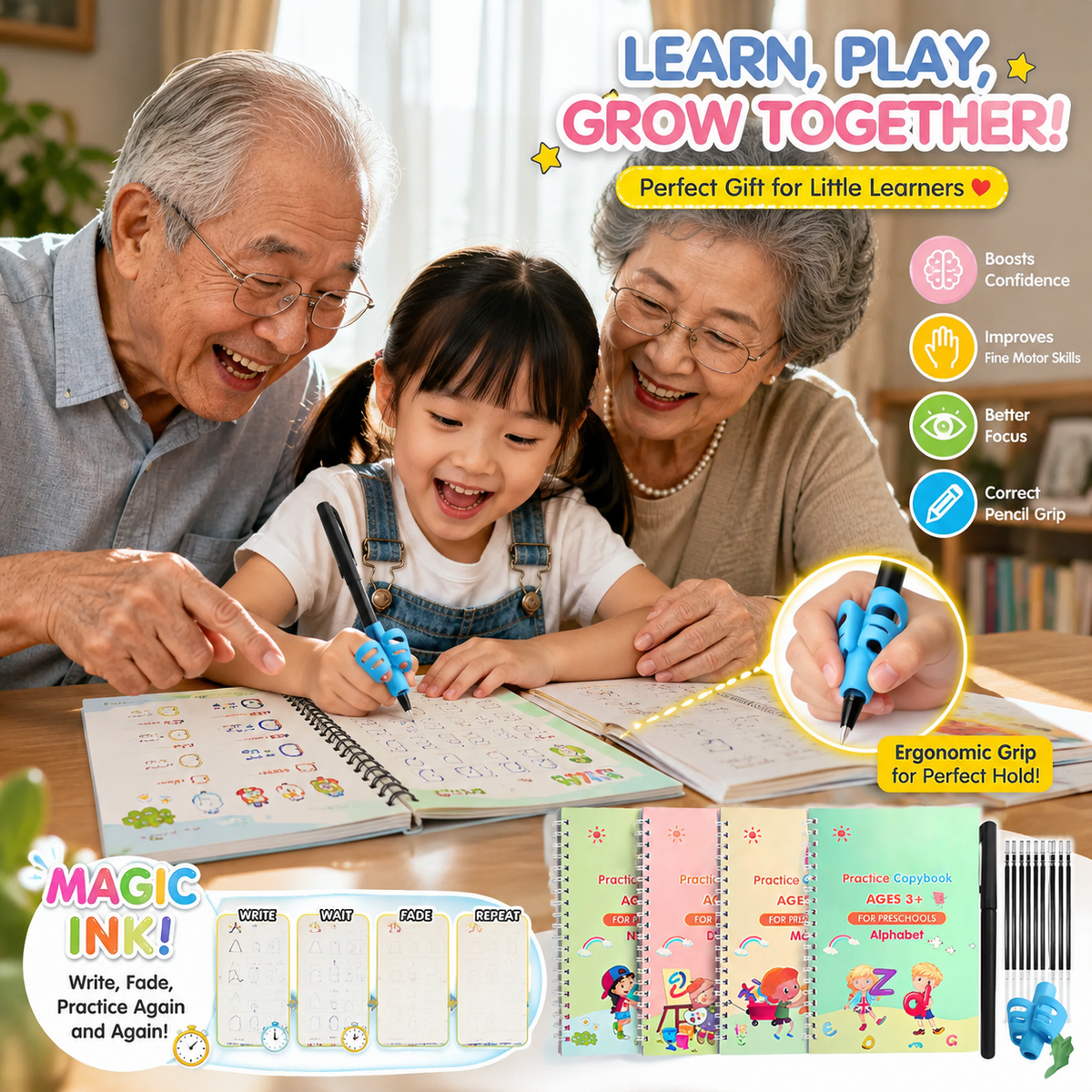 ✏️ Reusable Handwriting Practice Book Set for Kids – 4PCS Magic Writing Workbook