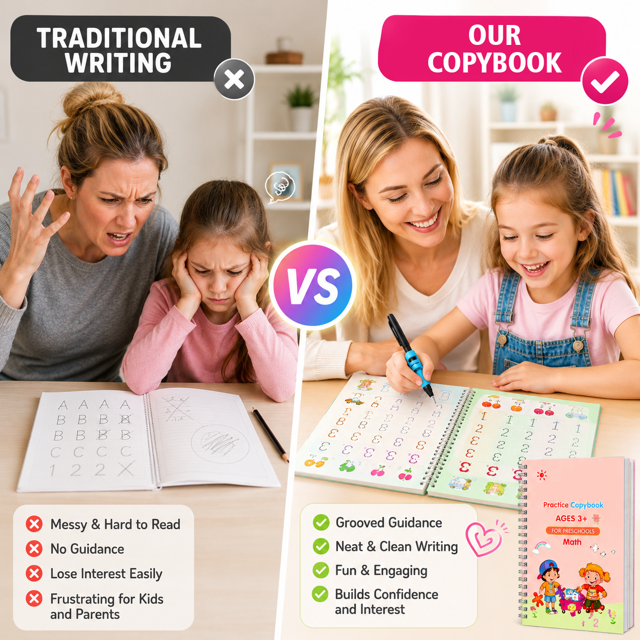 ✏️ Reusable Handwriting Practice Book Set for Kids – 4PCS Magic Writing Workbook