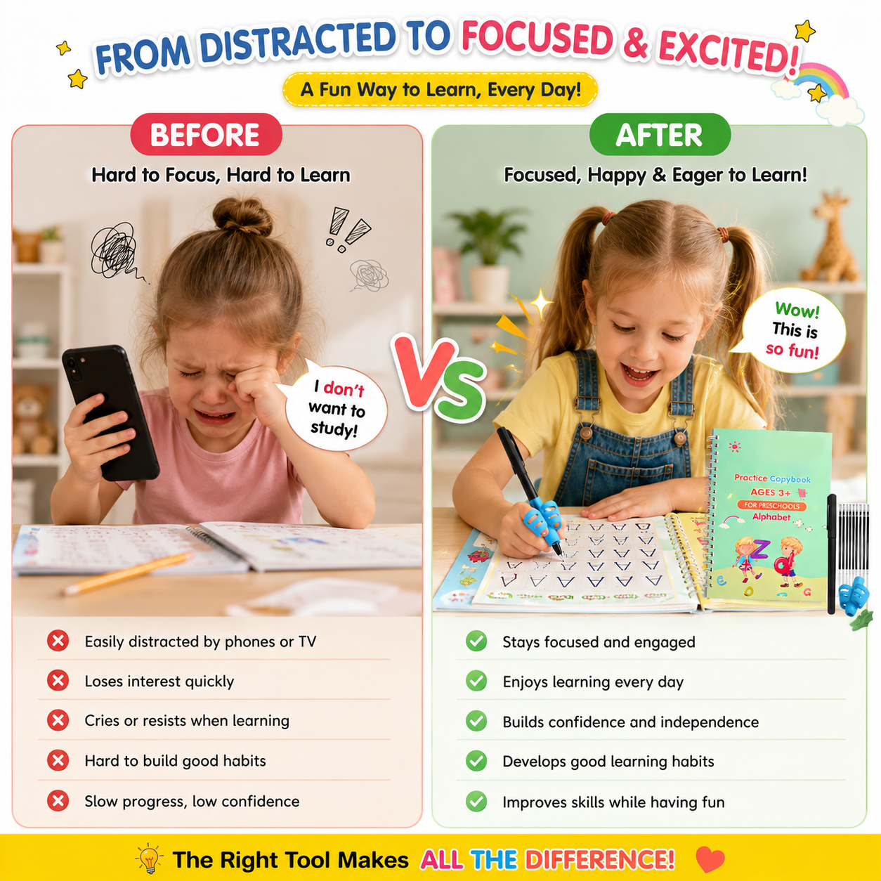 ✏️ Reusable Handwriting Practice Book Set for Kids – 4PCS Magic Writing Workbook