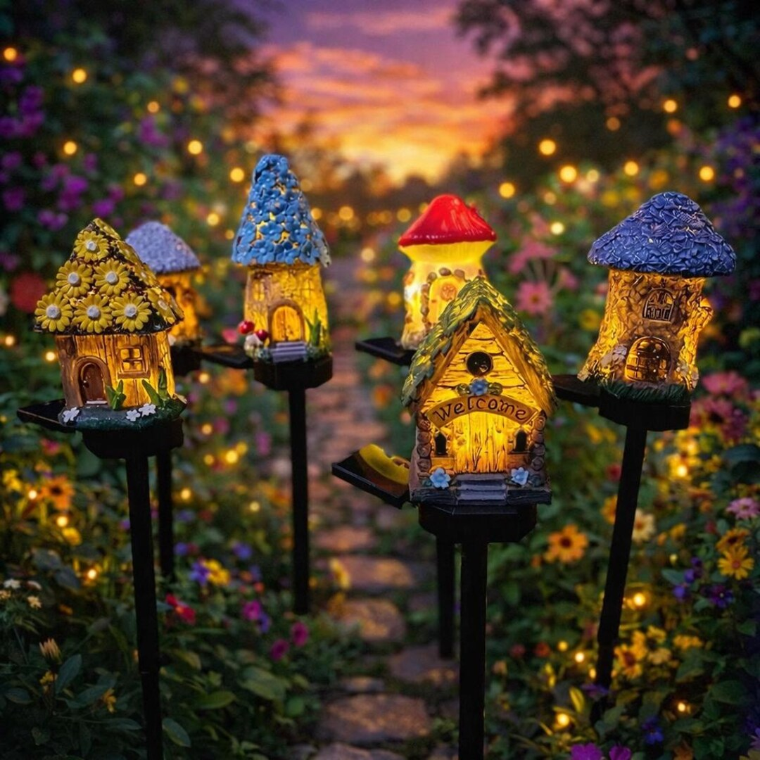 ⭐Zero Electric Bill! All Weather Fairy House Solar Garden Stake Lights