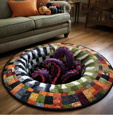 🔥3D Skeleton Vortex Quilted Round Halloween Rug