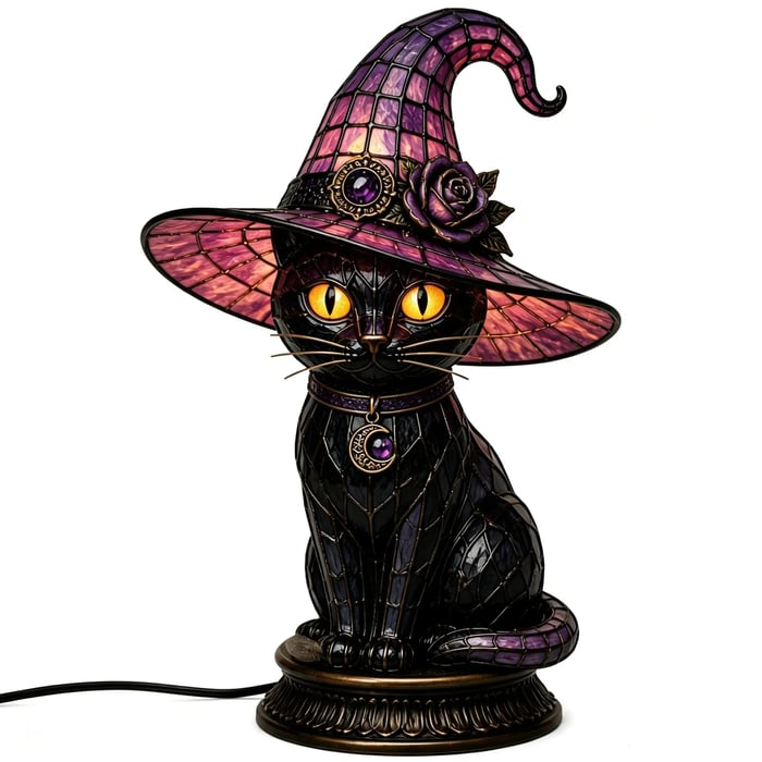 🎃Gothic Stained Glass Witch Black Cat Table Lamp | Halloween Witch Hat Night Light Decor