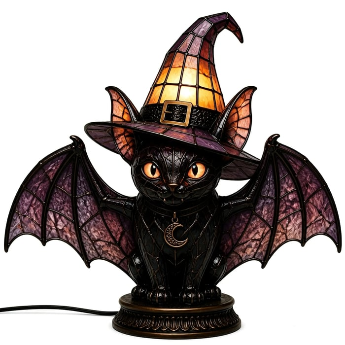 🎃Gothic Stained Glass Witch Black Cat Table Lamp | Halloween Witch Hat Night Light Decor