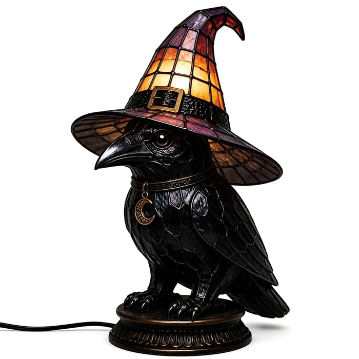 🎃Gothic Stained Glass Witch Black Cat Table Lamp | Halloween Witch Hat Night Light Decor
