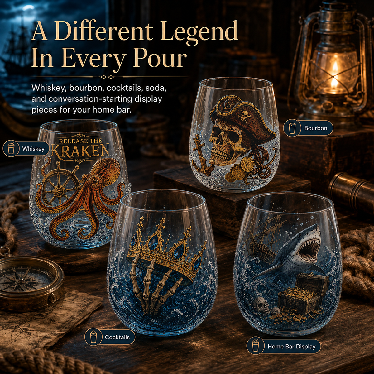 🌊 7-Piece Legendary Ocean Treasure Crystal Set for Whiskey Lovers & Home Bar Collectors ⚓✨