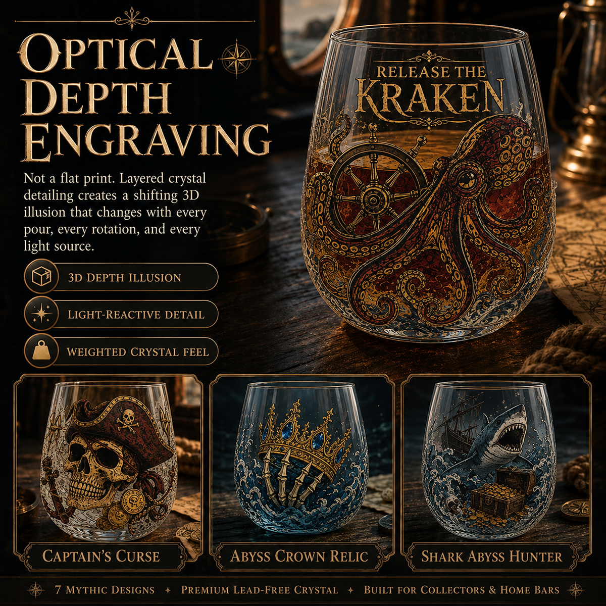 🌊 7-Piece Legendary Ocean Treasure Crystal Set for Whiskey Lovers & Home Bar Collectors ⚓✨