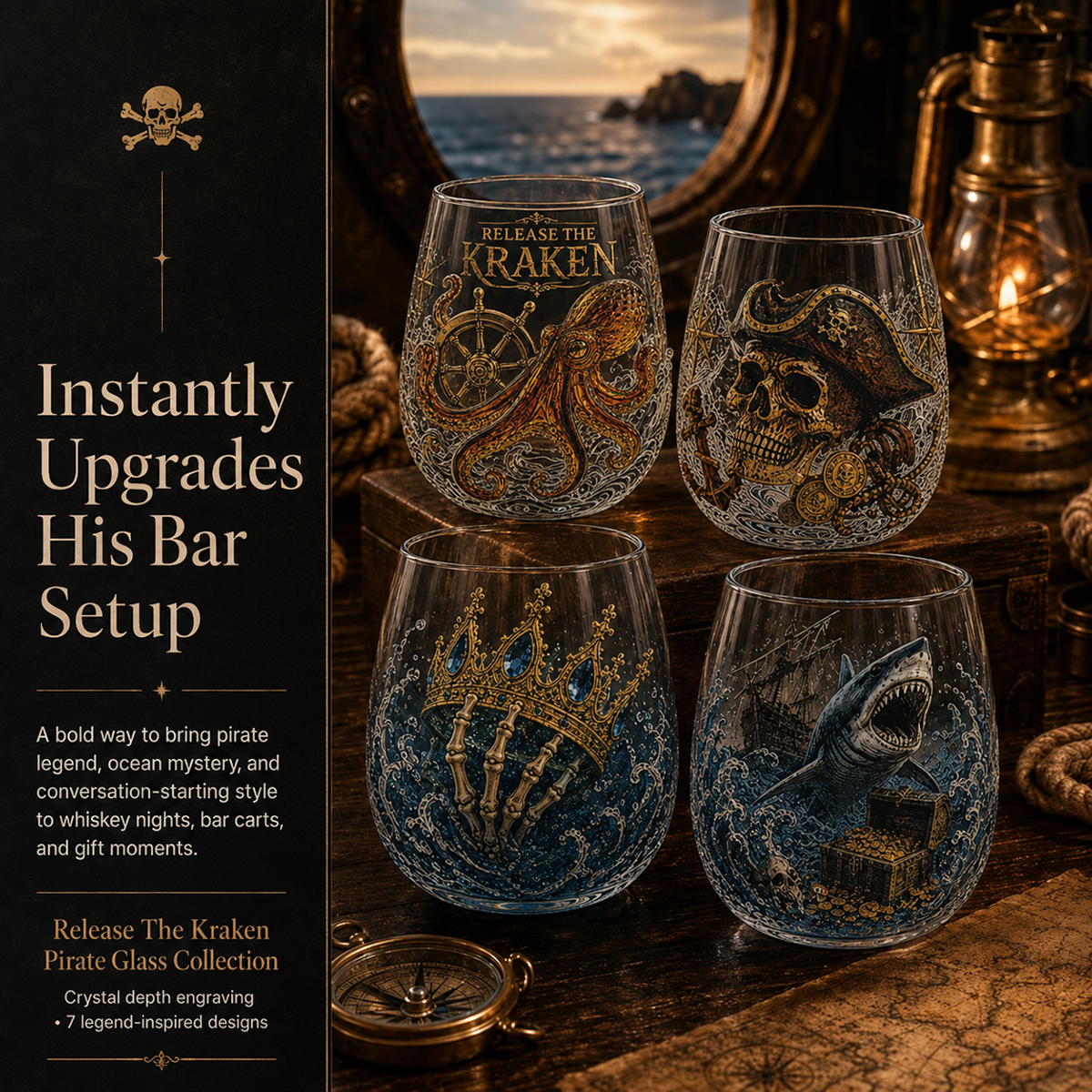 🌊 7-Piece Legendary Ocean Treasure Crystal Set for Whiskey Lovers & Home Bar Collectors ⚓✨