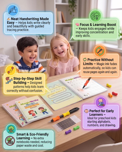 ✏️ Reusable Handwriting Practice Book Set for Kids – 4PCS Magic Writing Workbook