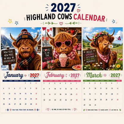 2027 Funny Highland Cows Wall Calendar | A4 Hanging Calendar