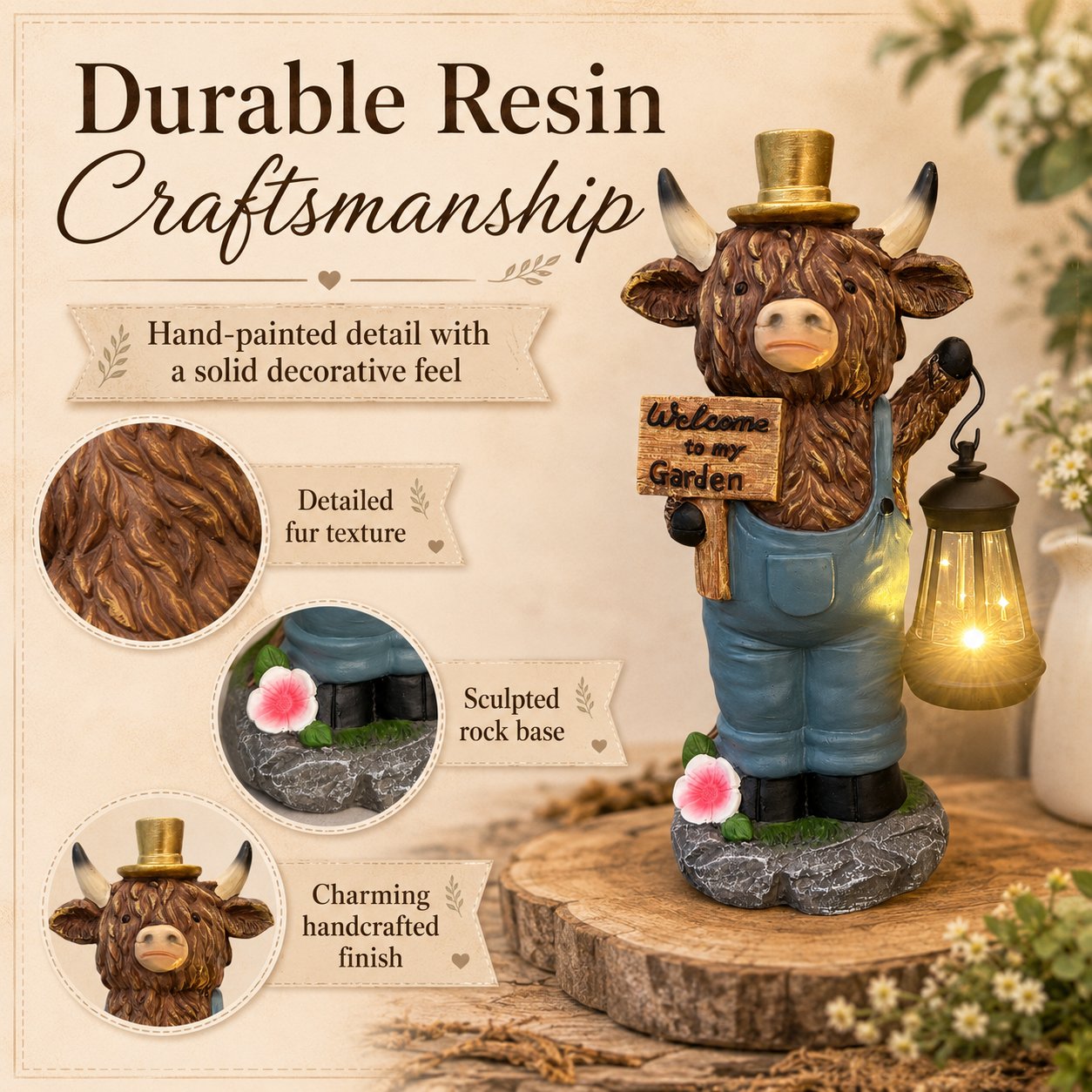 🔥HOT SALE 49% OFF🐮Handcrafted Highland Cow Solar Garden Lantern Statue – Cozy Farmhouse Outdoor Decor