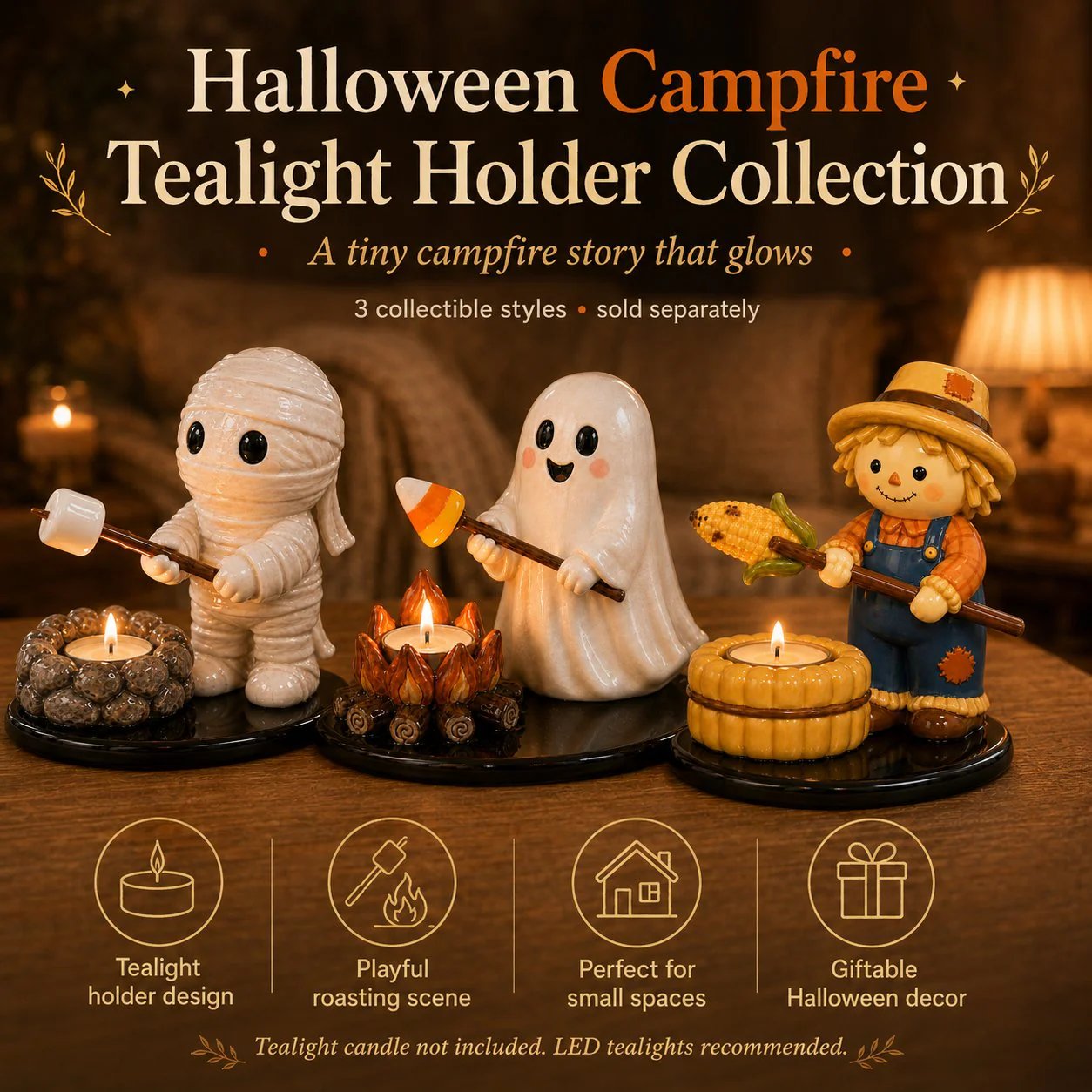 🔥LAST DAY 51% OFF🍂👻Halloween Campfire Tealight Holder ✨– Cozy Spooky Tabletop Décor