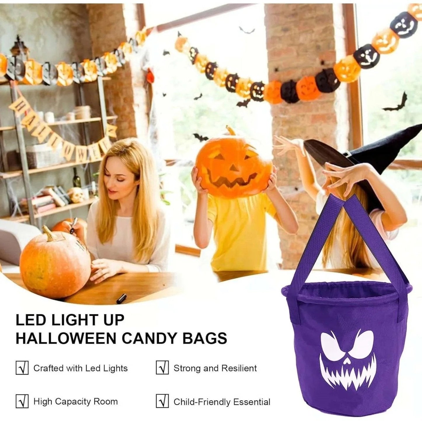 👻 Glow-in-the-Dark Halloween LED Candy Basket  Bags🎃5 Pack Pumpkin Trick or Treat Bags with Glow Lights for Kids, Parties & Halloween Decorations