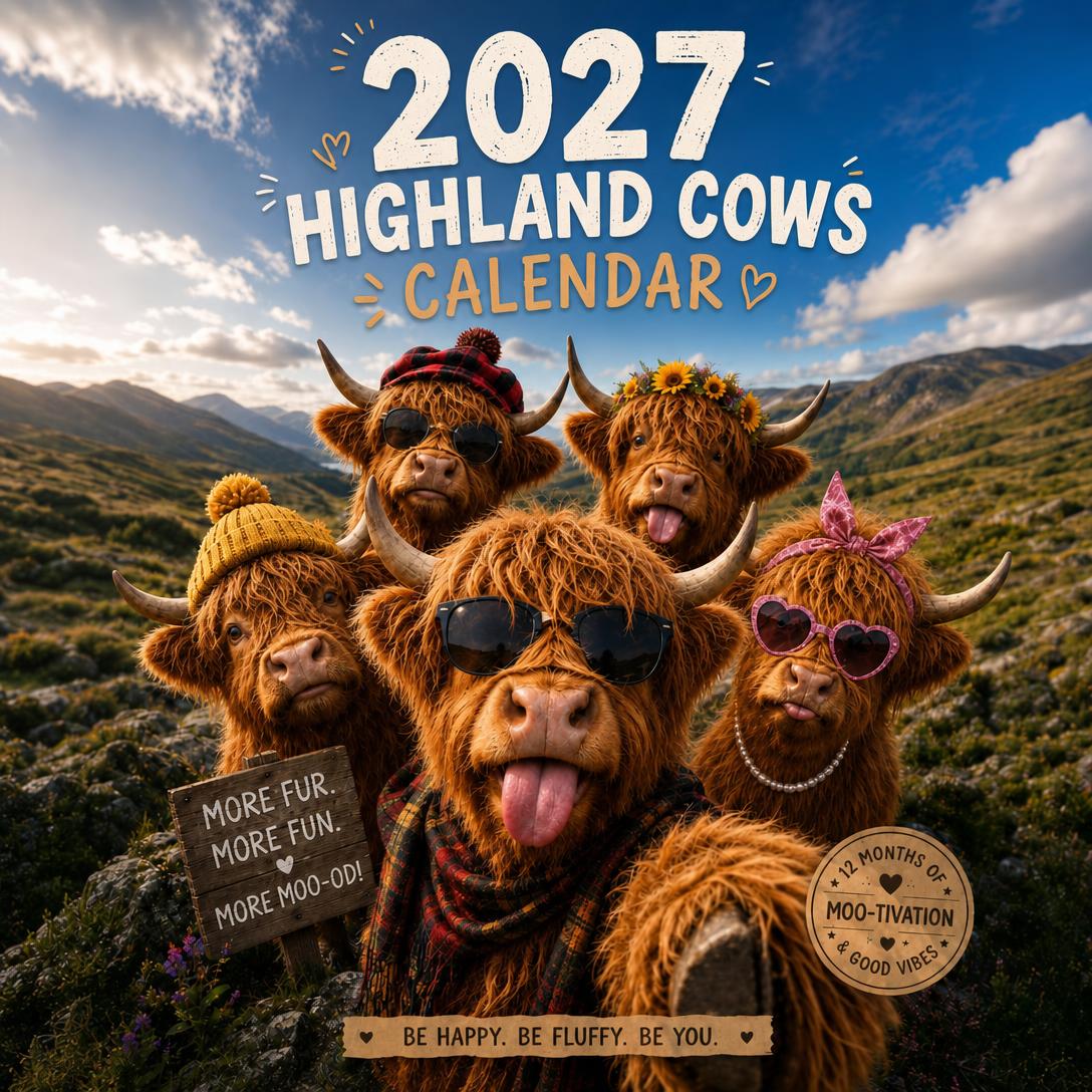 2027 Funny Highland Cows Wall Calendar | A4 Hanging Calendar