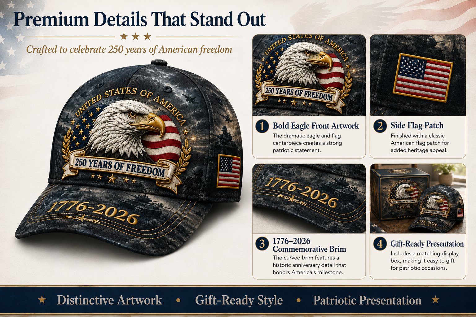 ✨250 Years of Freedom Eagle Cap | Patriotic Vintage Baseball Hat – 1776–2026 American Tribute Edition