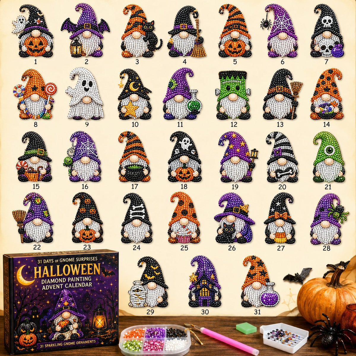 🔥HOT SALE 50% OFF - 🎃✨ 31 Days of Gnome Surprises Halloween Diamond Painting Advent Calendar