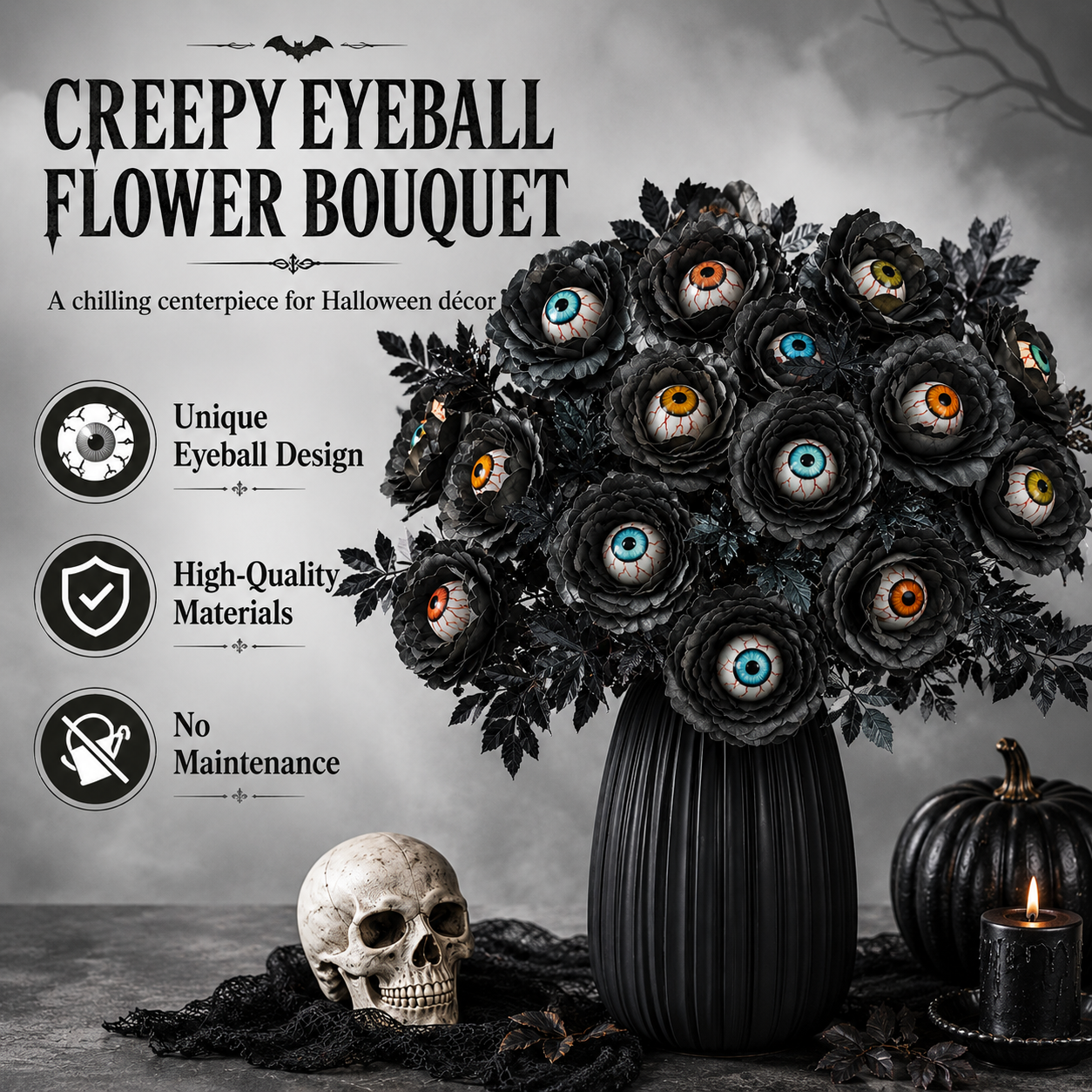 👁️ Creepy Eyeball Flower Bouquet – Gothic Halloween Artificial Floral Centerpiece for Home Décor