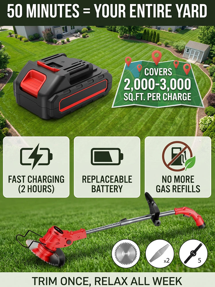 🌿 Lightweight Cordless Grass Trimmer Quiet 9000 RPM Powerful Long Battery Life Foldable Easy Storage