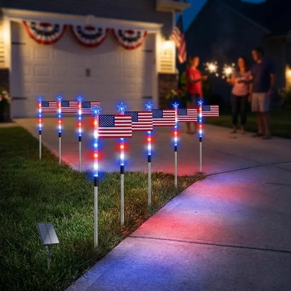 7 Solar American Flag Pathway Lights – Red, White & Blue Yard Glow for 250th Independence Celebration 🇺🇸✨