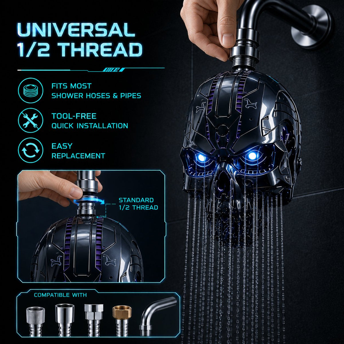 🚿👾Cyber Mecha Skull Color Changing LED Pressure Boost Shower Head