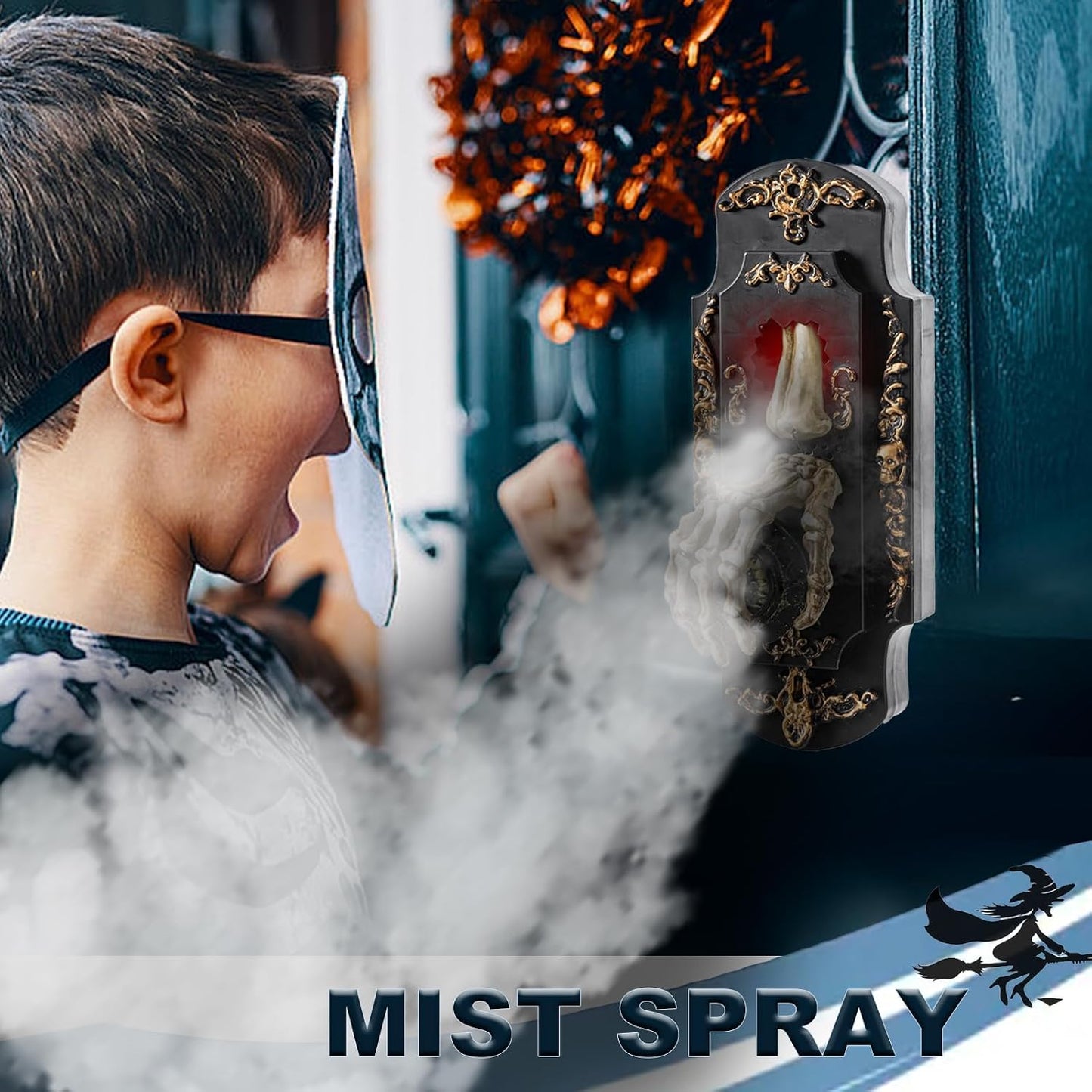 👻Halloween Skeleton Hand Spray Doorbell – The Ultimate Haunted Porch Decoration with Spooky Mist & Red Light Effects