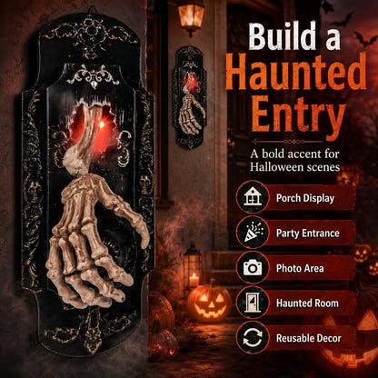 👻Halloween Skeleton Hand Spray Doorbell – The Ultimate Haunted Porch Decoration with Spooky Mist & Red Light Effects
