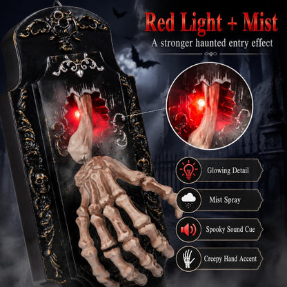👻Halloween Skeleton Hand Spray Doorbell – The Ultimate Haunted Porch Decoration with Spooky Mist & Red Light Effects