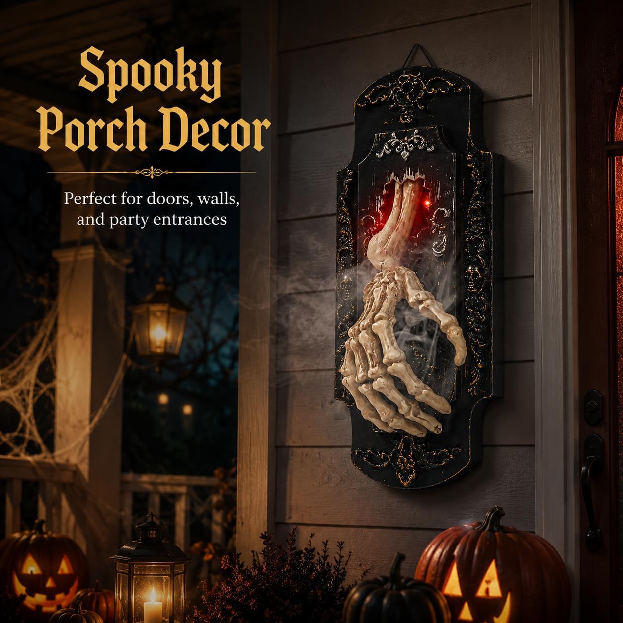 👻Halloween Skeleton Hand Spray Doorbell – The Ultimate Haunted Porch Decoration with Spooky Mist & Red Light Effects