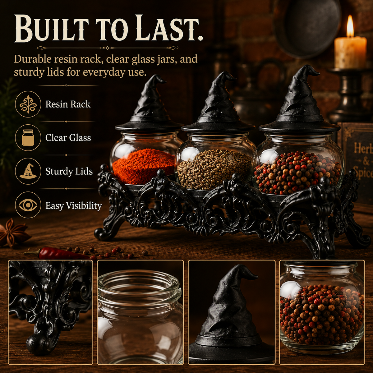 Witch-Hat Gothic Spice Jar Set — Ornate Resin Rack + 3 Glass Jars