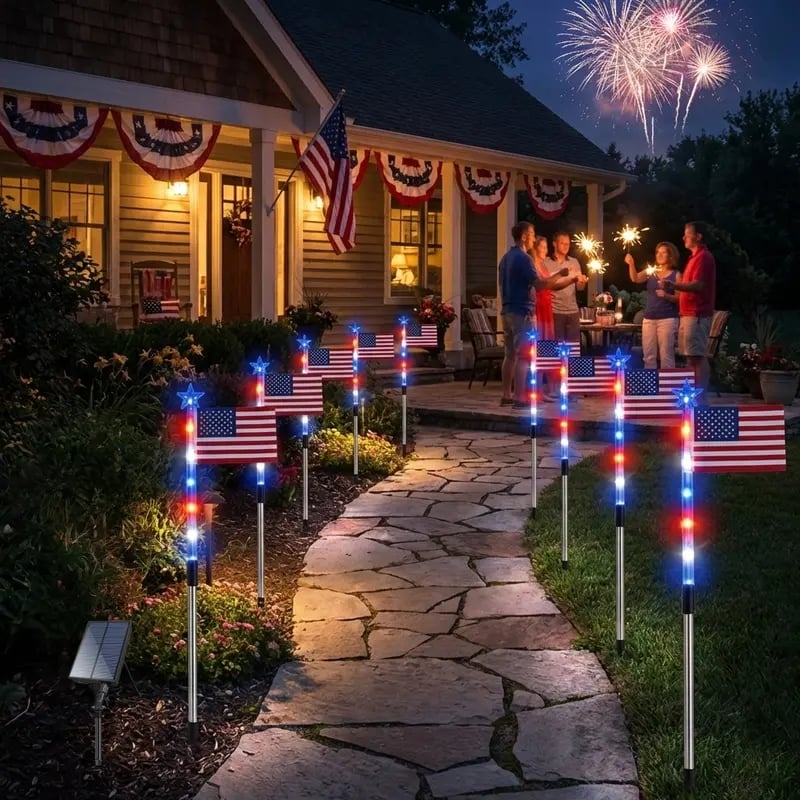 7 Solar American Flag Pathway Lights – Red, White & Blue Yard Glow for 250th Independence Celebration 🇺🇸✨