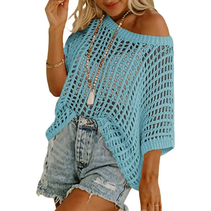 Short Sleeve Crochet Sweater Lightweight Summer Tops Loose Hollow Out Crewneck Pullover