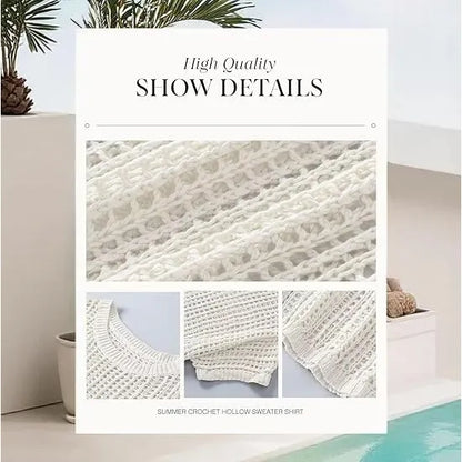 Short Sleeve Crochet Sweater Lightweight Summer Tops Loose Hollow Out Crewneck Pullover