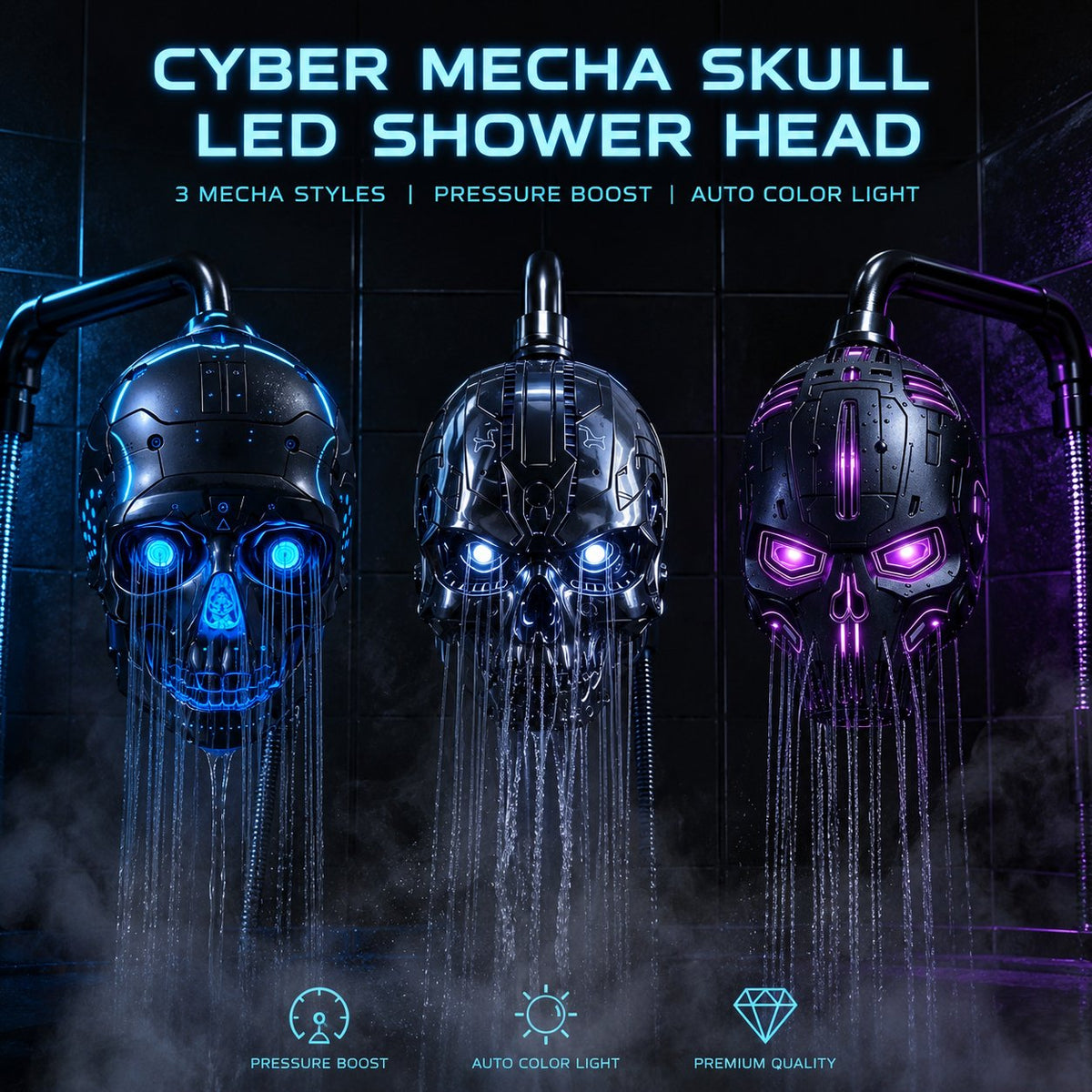 🚿👾Cyber Mecha Skull Color Changing LED Pressure Boost Shower Head