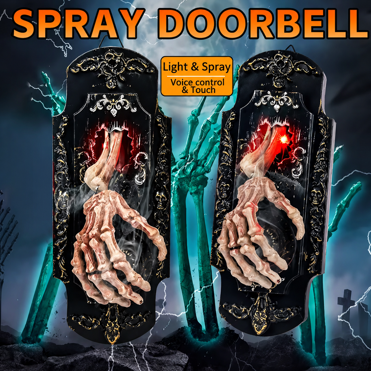 👻Halloween Skeleton Hand Spray Doorbell – The Ultimate Haunted Porch Decoration with Spooky Mist & Red Light Effects