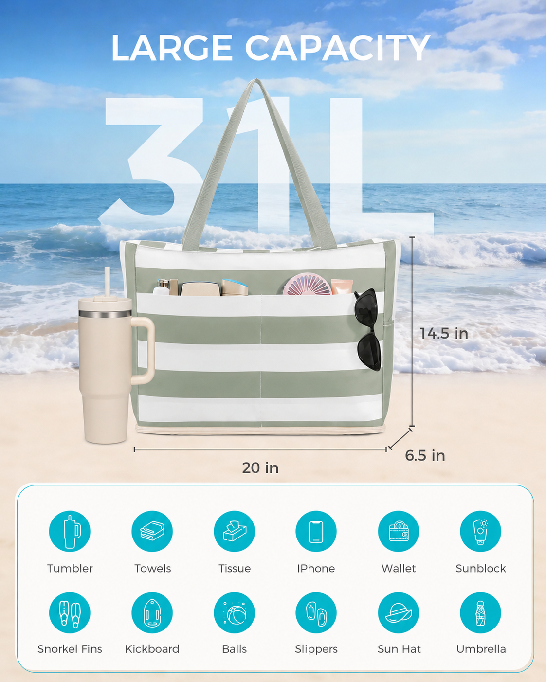 Large Mesh Beach Bag with 40oz Tumbler Pocket and Zipper Closure