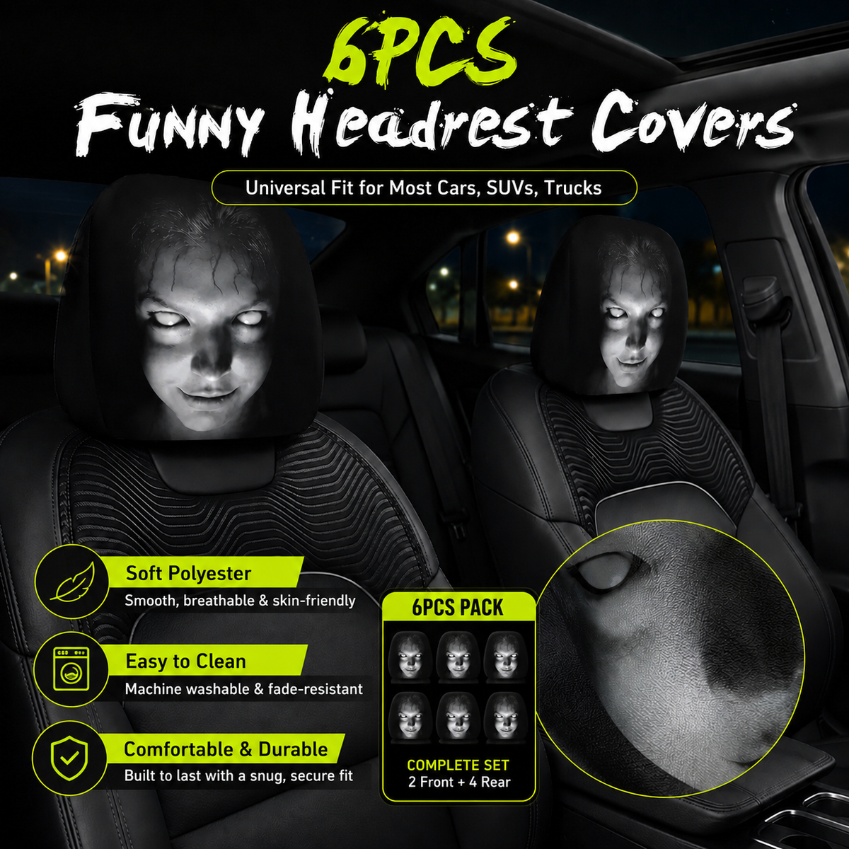 🔥HOT SALE 55% OFF😆 Funny Cartoon Car Headrest Covers – 2PCS Universal Fit 🚗