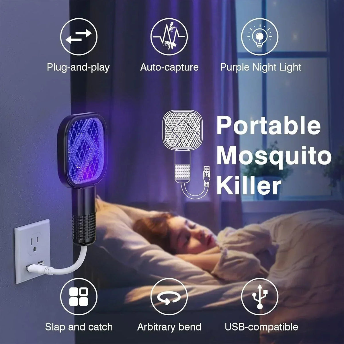 🚫🦟2-in-1 USB Mosquito Swatter & Mosquito Trap Lamp 🦟🚫Mini USB Electric Mosquito Killer Trap