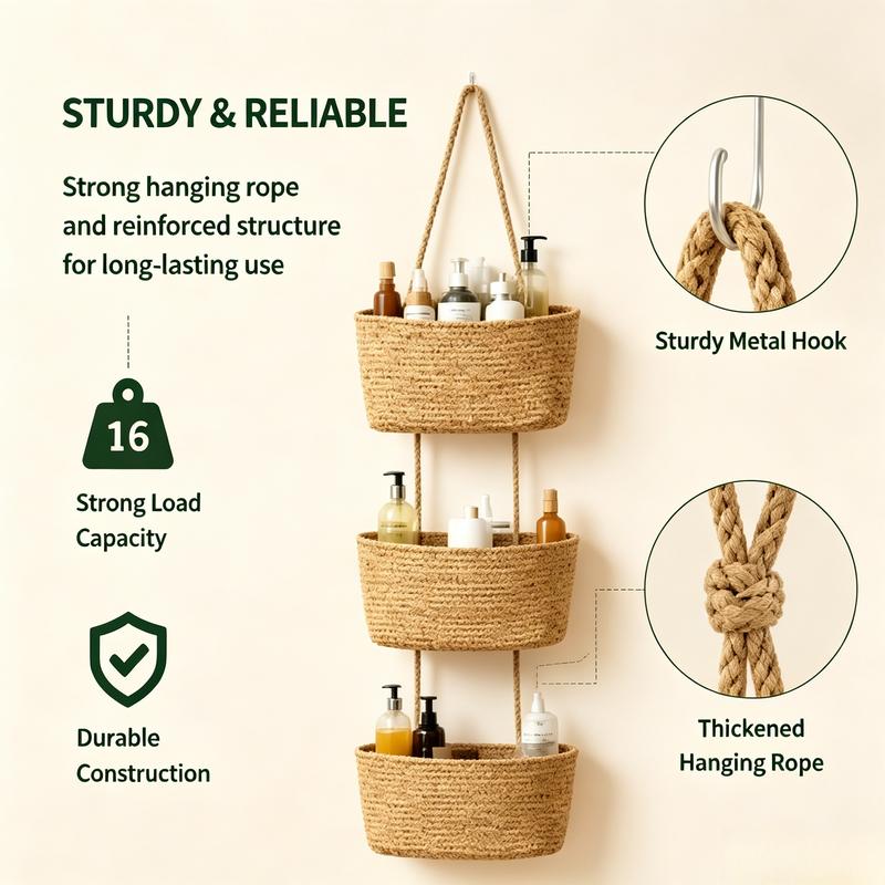 🧺3-Tier Woven Hanging Basket Organizer – Space-Saving Wall Storage for Any Room